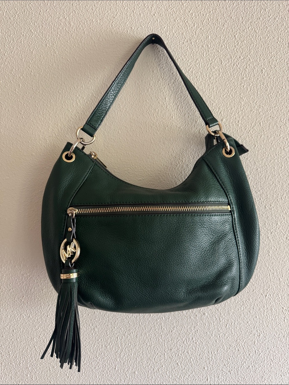 Michael Kors Dark Green Pebbled Leather Hobo with Tassel